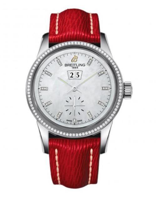 The red leather straps copy Breitling Transocean A1631053 watches have diamond-paved bezels.