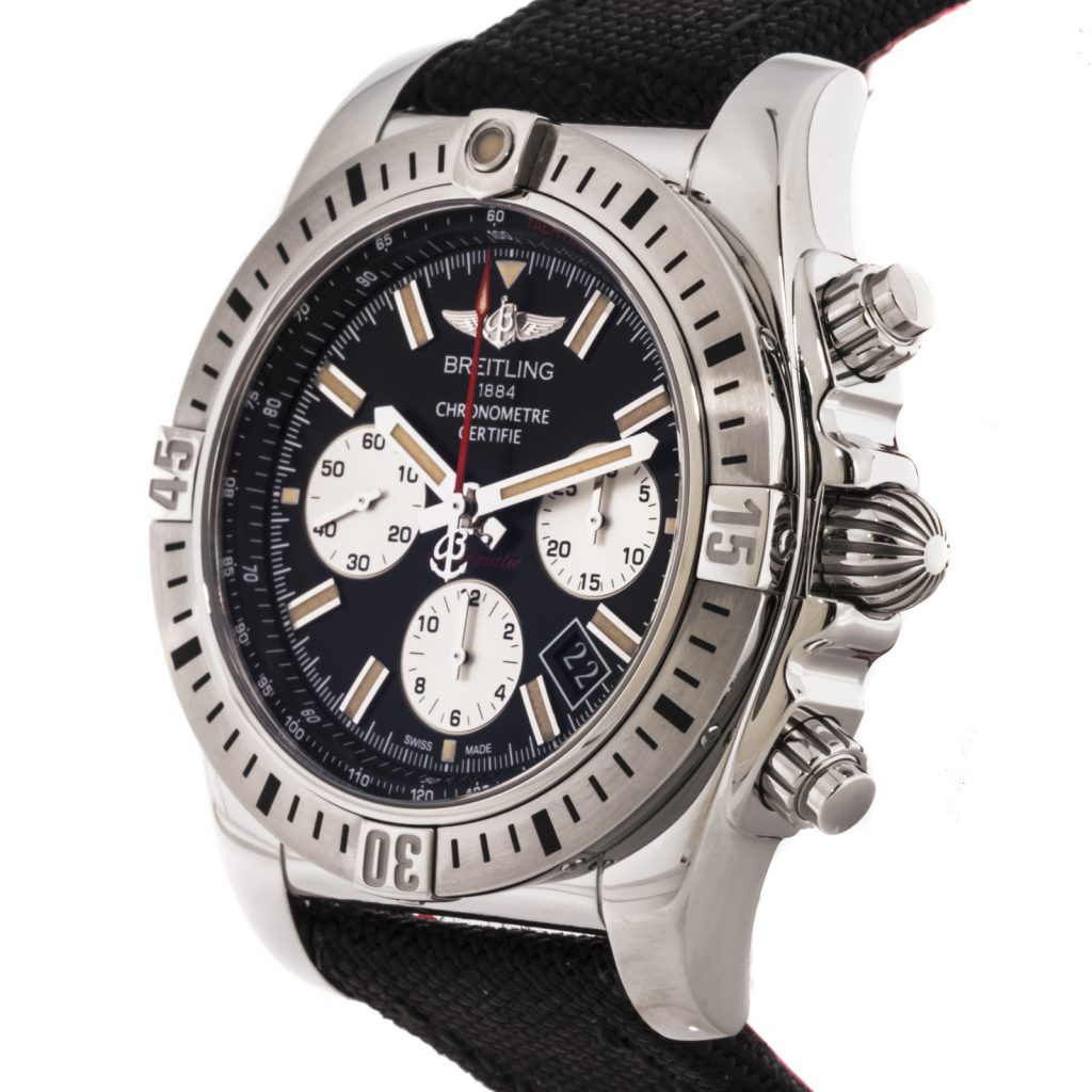 The 44 mm copy Breitling Chronomat AB01154G watches have black dials.