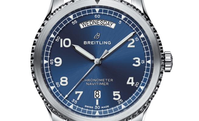 The 41 mm copy Breitling Navitimer A45330101C1X1 watches have blue dials with luminant details.