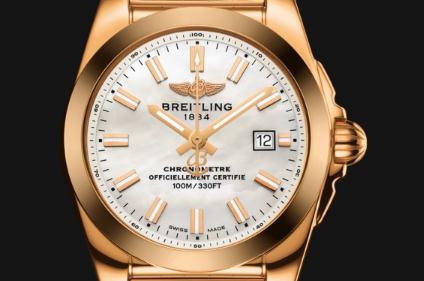 The 28 mm copy Breitling Galactic H7234812 watches have white mother-of-pearl dials.