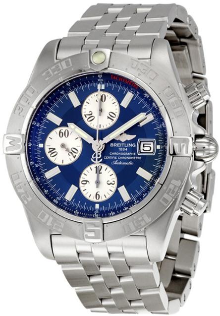 The 44 mm copy Breitling Galactic A1336410 watches have blue dials.