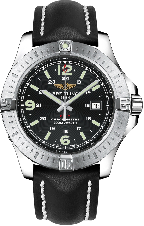 The black leather straps copy Breitling Colt A7438811 watches have black dials.