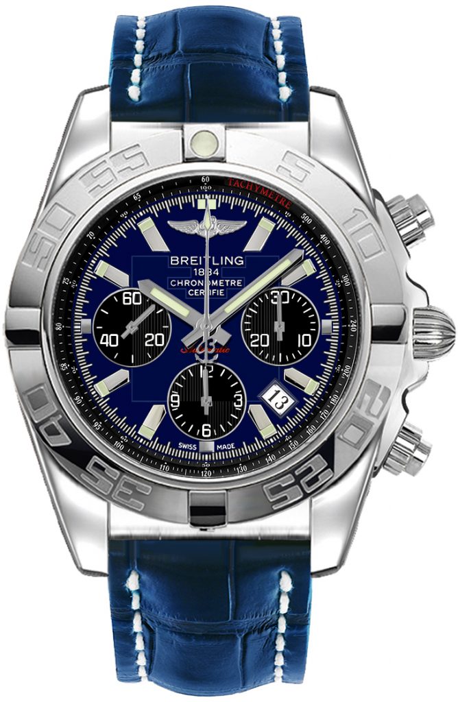 The 44 mm copy Breitling Chronomat AB0115101 watches have blue dials.
