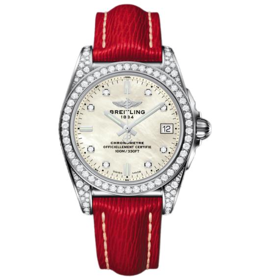 The red leather straps fake Breitling Galactic A7433063 watches have white motehr-of-pearl dials.