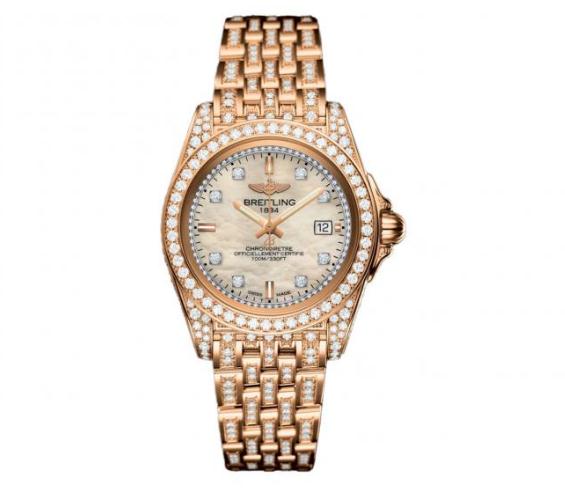 The 18k rose gold copy watches have white mother-of-pearl dials.