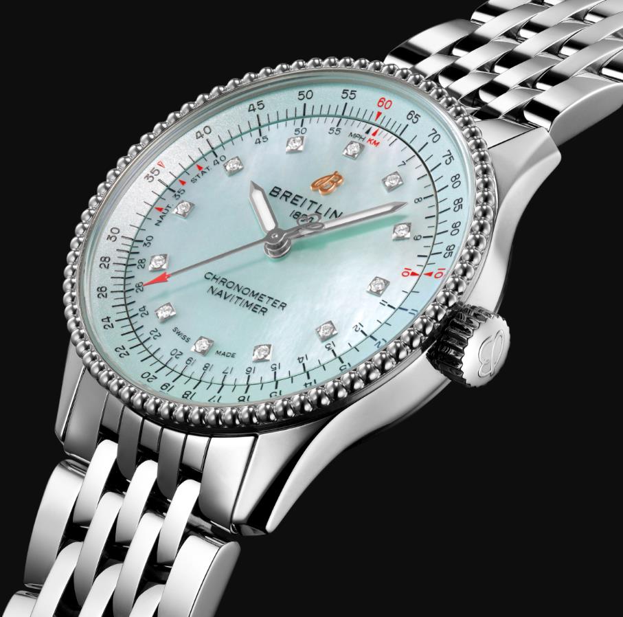 The blue mother-of-pearl dial fake watch is decorated with 12 diamonds.