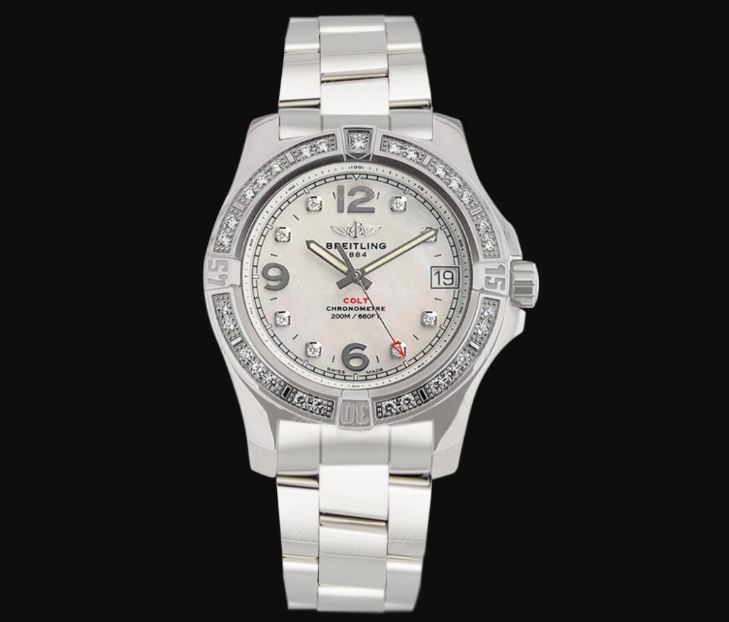 The female replica watch is decorated with diamonds.