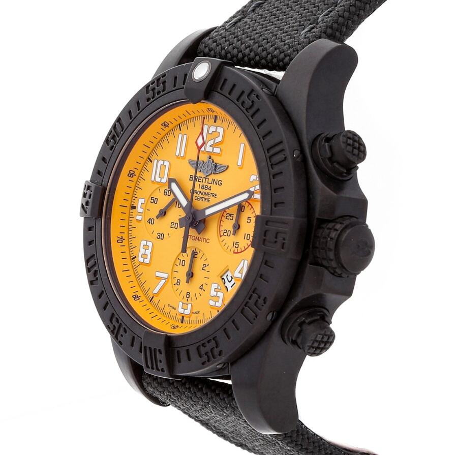 The yellow dial fake watch has a black strap.